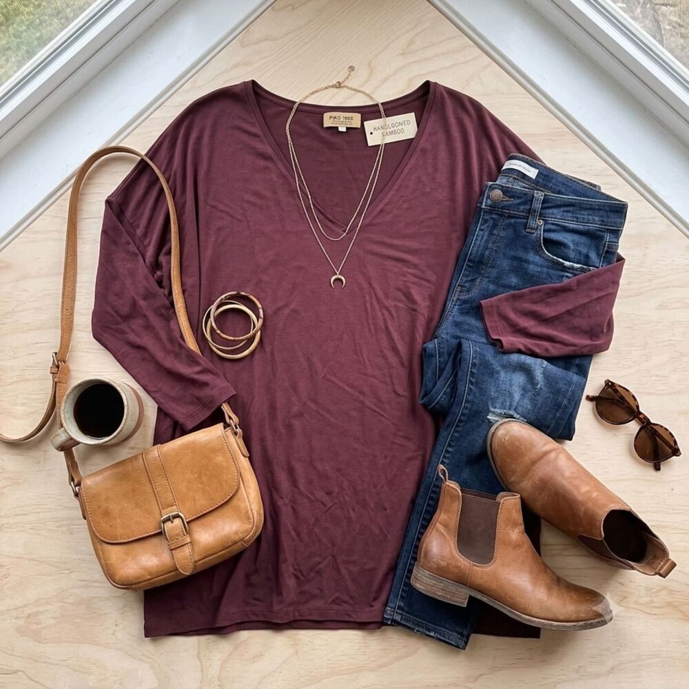 PIKO 1988 Oversized Lagenlook V-Neck Tunic Top L Maroon Bamboo Long Sleeve Boho